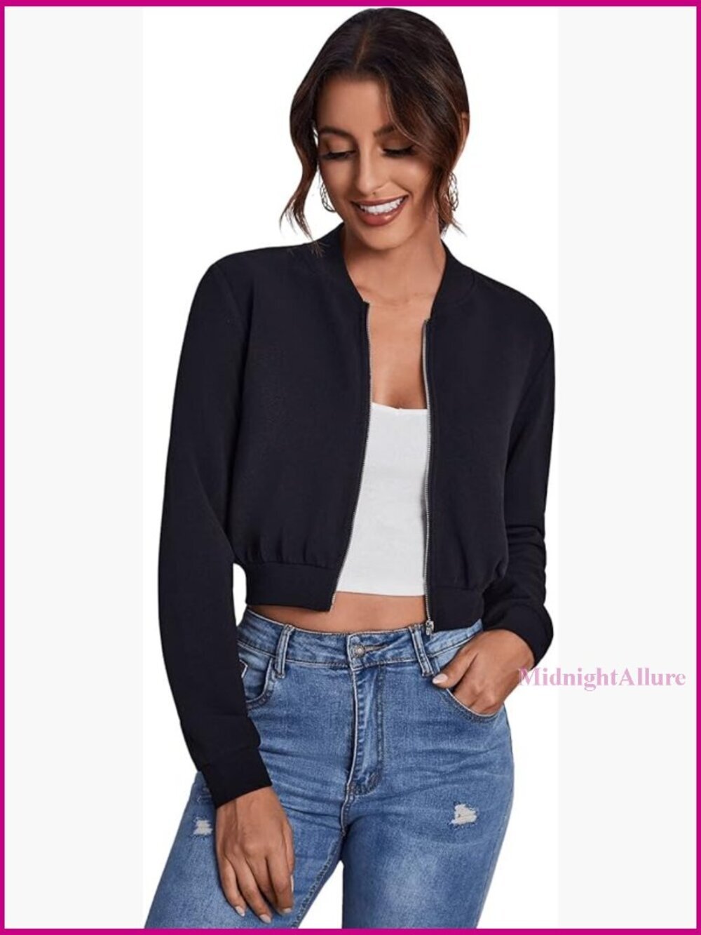 Cropped Bomber Jacket Long Sleeve Zip Up Casual Polyester